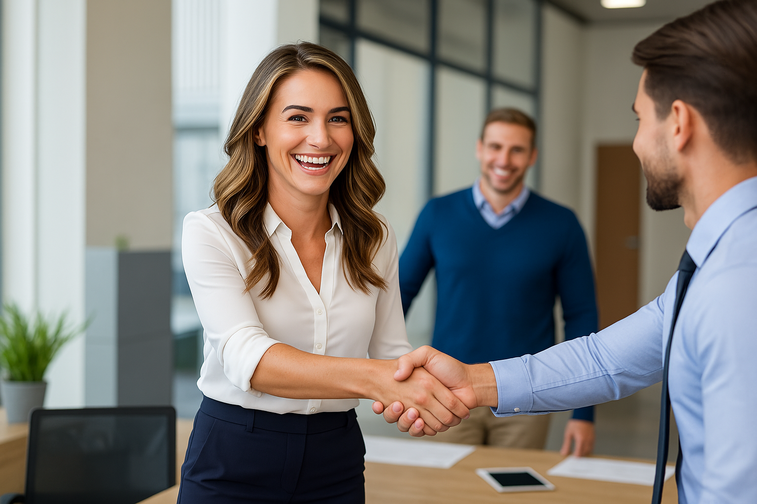 Recruiter and candidate shaking hands after a successful interview